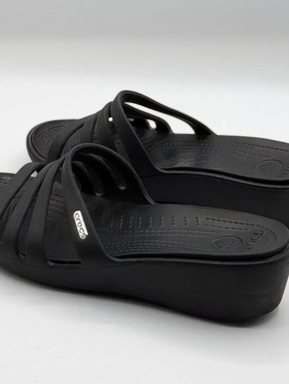 Crocs Size 7 $60 Black Huarache Strappy Comfort Slide Sandals Casual Lightweight